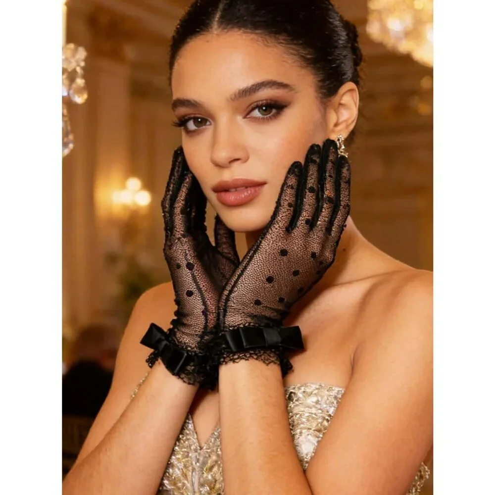 Women's #2 Black Short Floral Evening Sheer Gloves Bridal Wedding Party Tea